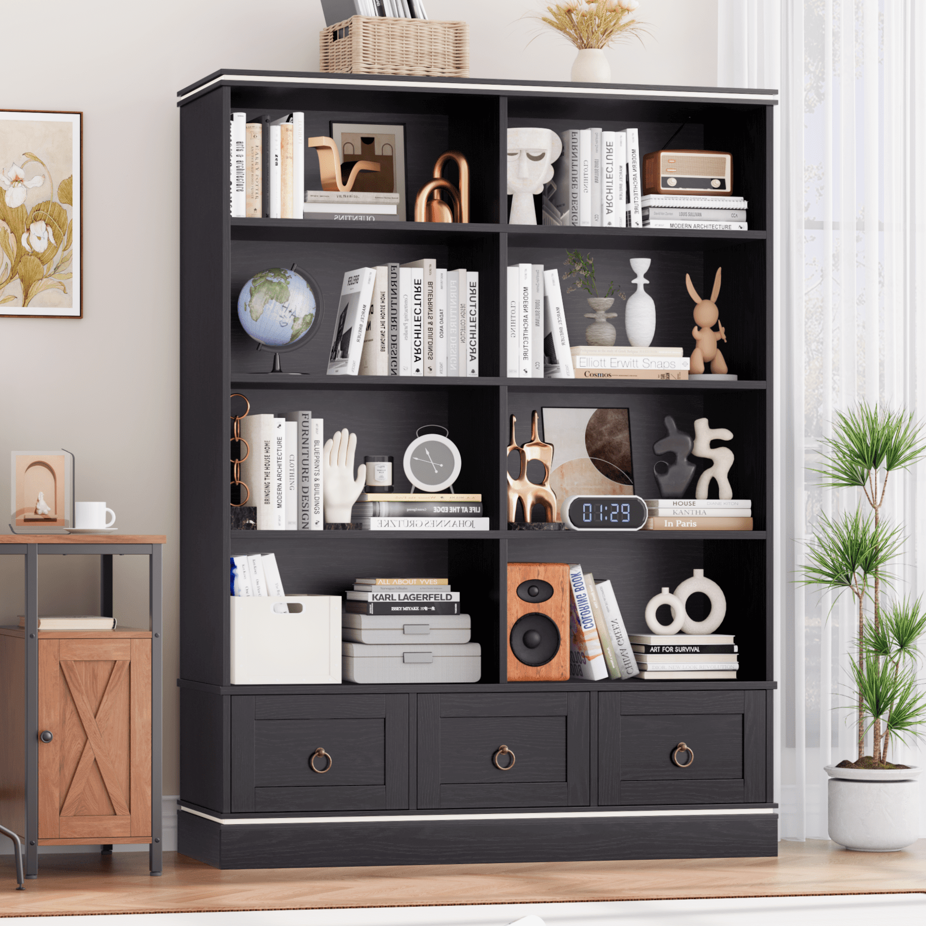 Homfa Tall Bookshelf with Drawers, Double Row 8 Cube 47'' Wide Bookcase for Living Room Office Small Space, Black