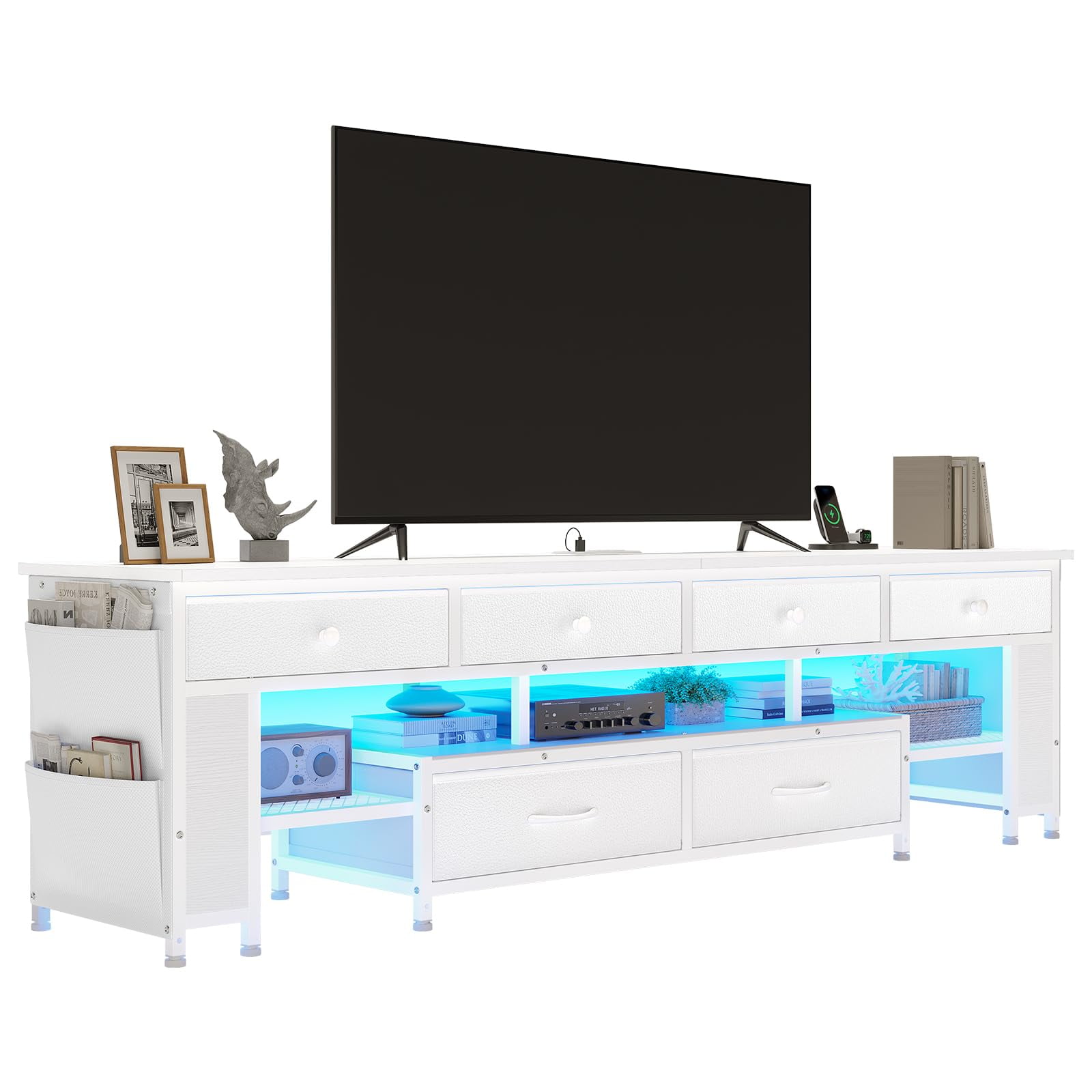Afuhokles LED TV Stand for 65/70/75 Inch TV, Entertainment Center with Storage and Power Outlets, 6 Drawers, 4 Bags for Living Room, Bedroom, White