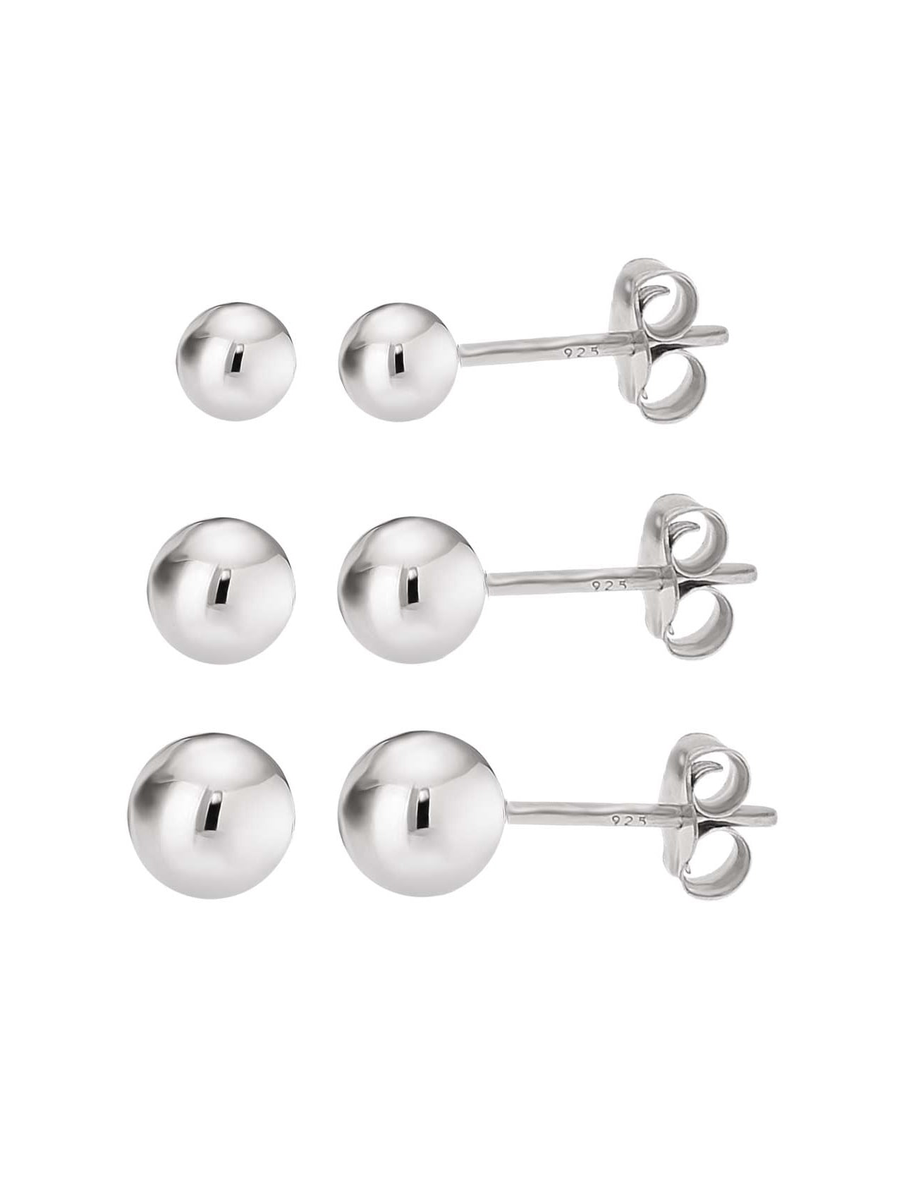 Sterling Silver Set of 3 Tri-Color Polished 5mm Ball Stud Earrings Set