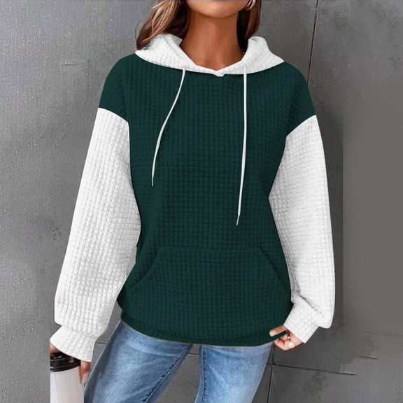 Xcmzpl Waffle Hoodies for Women Cute Color Block Hooded Sweatshirt Fashion Pullover Tops Tunic Long Sleeve Shirts Fall Fashion
