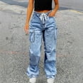 thumbnail image 3 of Womens Cargo Jeans, Audhol Jeans Women Elastic Waist Wide Leg Denim Pants with Pockets Baggy Streetwear Pants Y2K Jeans Light Blue L, 3 of 7