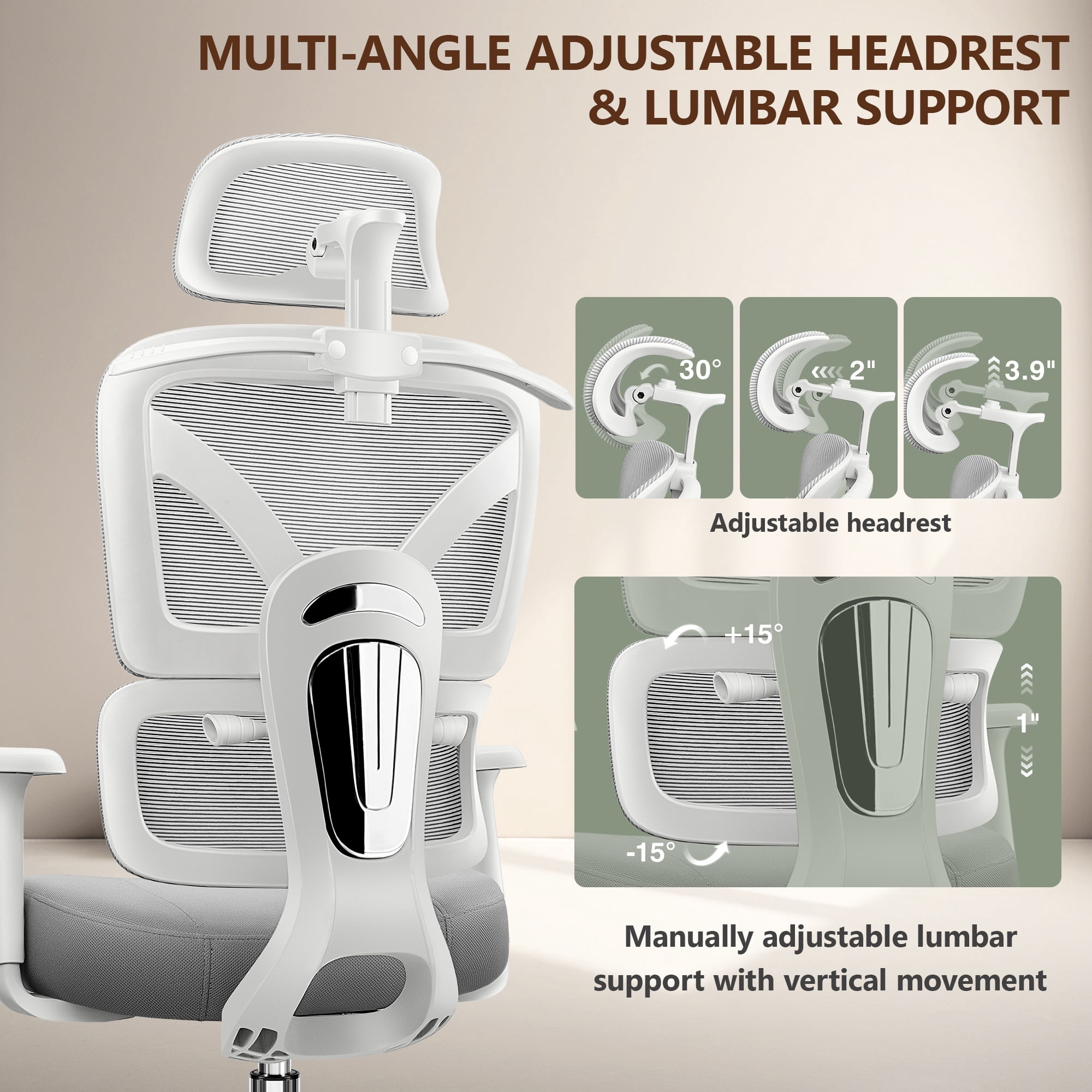 COOLHUT Ergonomic Mesh Office Chair, Big and Tall Computer Desk Chair with Adjustable Lumbar Support, Headrest and Armrest, High Back Home Office Chair for Workspace, Gaming,300LBS, Ligh Gray