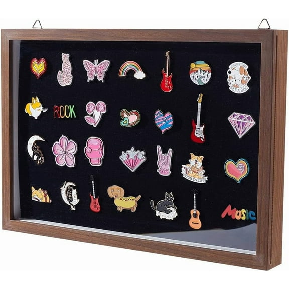 Shadow Box Pin Display Case 13x8.7x1.3 Inch Brown Wood Wall Mounted Badge Presentation Boxes Rectangular Badge Display Case with Sliding Acrylic Sheets for DIY handcrafting