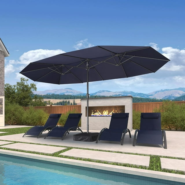 PURPLE LEAF 15ft Patio Umbrella with Base Included Double-Sided Rectangle Outdoor Umbrella Table Market Umbrella with Crank for Backyard Pool Garden Deck, Navy blue