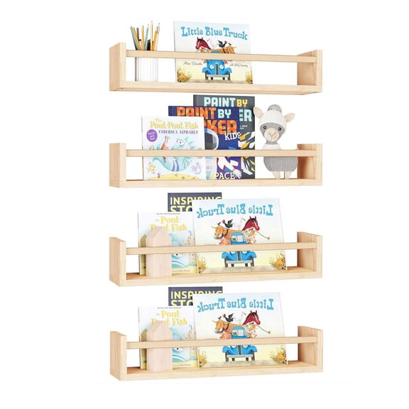 Nursery Shelves Wall Mounted, 4PCS Floating Bookshelves for Kids Room, Wood Wall Bookshelf with Anti-Fall Guard for Baby Toddler Bedroom Decor