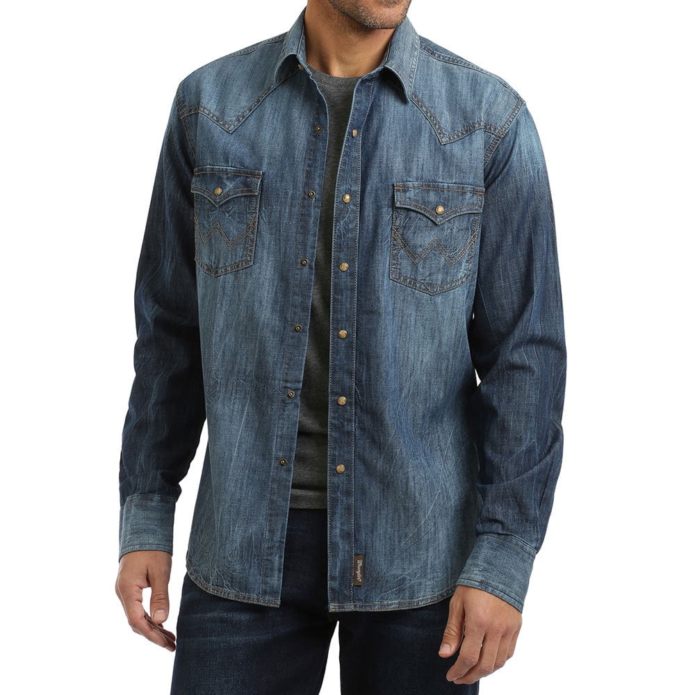 Wrangler MVR458D Retro Premium Blue Denim Snap Shirt - Walmart.com