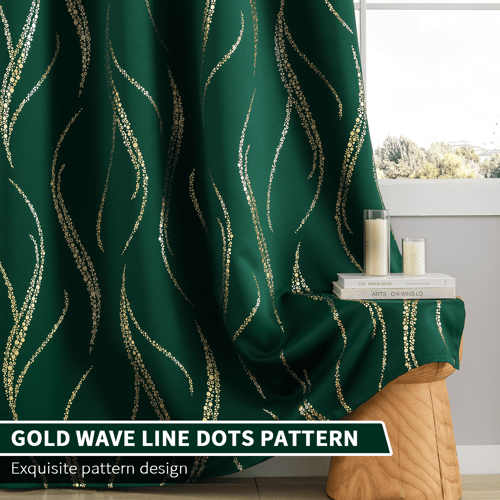 Yakamok Blackout Curtains for bedroom - Wave Line with Dots Gold Print Design Noise Reducing Thermal Insulated Ring Top Blackout Window Drapes for Livingroom (2 Panels, 52 x 84Inch, Emerald Green)
