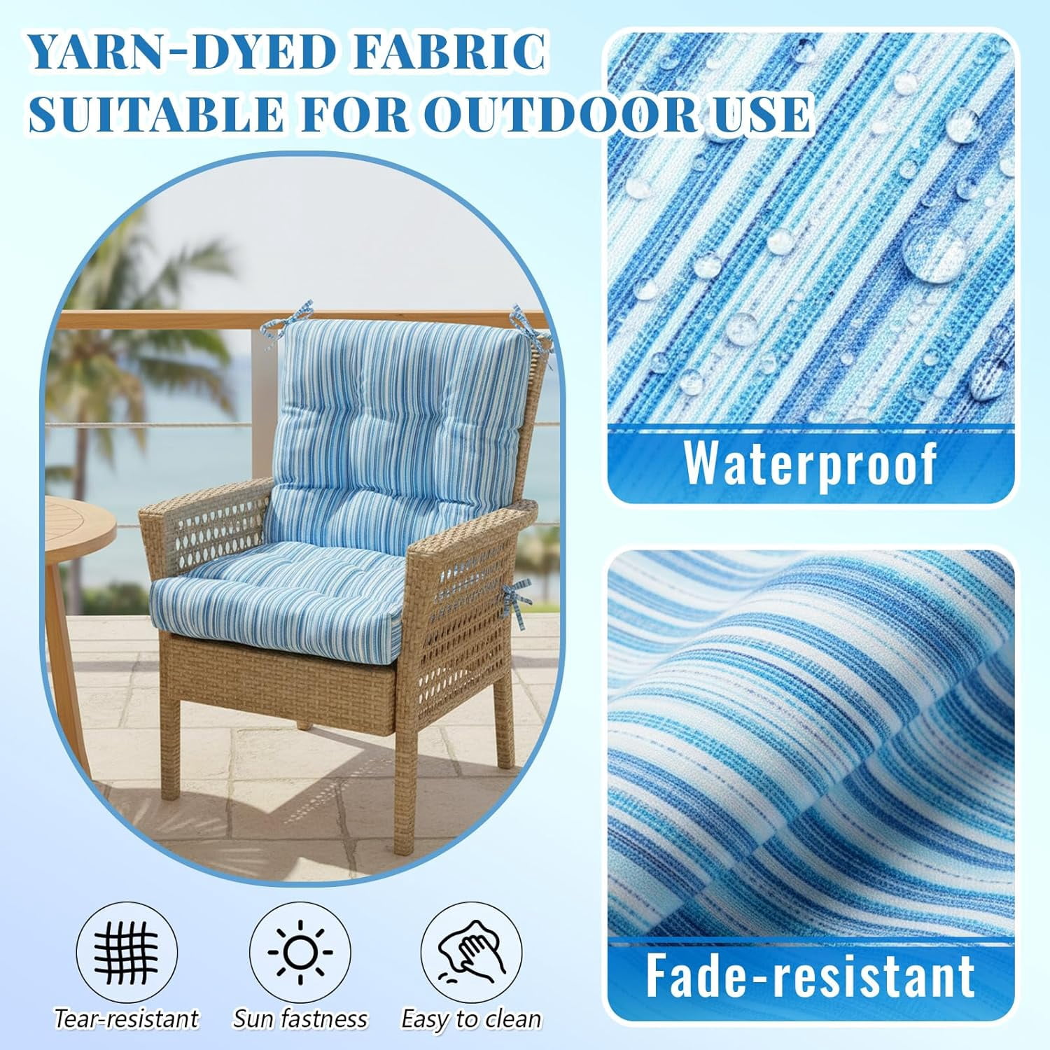 4 Pcs Outdoor Indoor High Back Chair Cushions Patio Furniture Tufted Pillow with Ties Water-Resistant Replacement Outdoor Rocking Chair Cushions, 42 x 21 Inches (Blue Stripes,Stripes)
