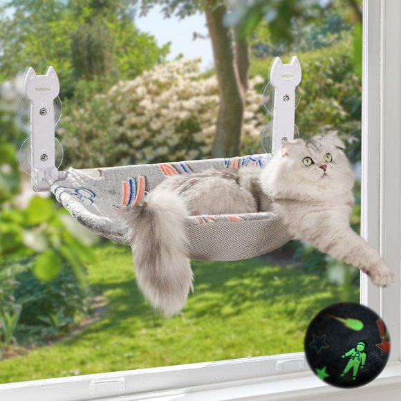Percha para ventana con forma de gato HiPetpy que brilla en la oscuridad, plegable, gris