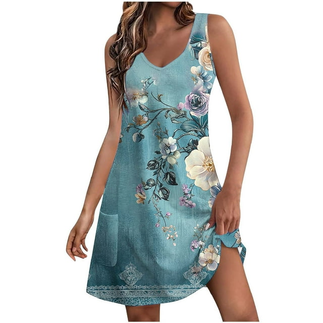 Staron Robes pour Femmes Été Sans Manches Amples Col en V Cache-Maillots Robe à Imprimé Floral avec Poches Vacances Fluide Camisole Boho Robes S