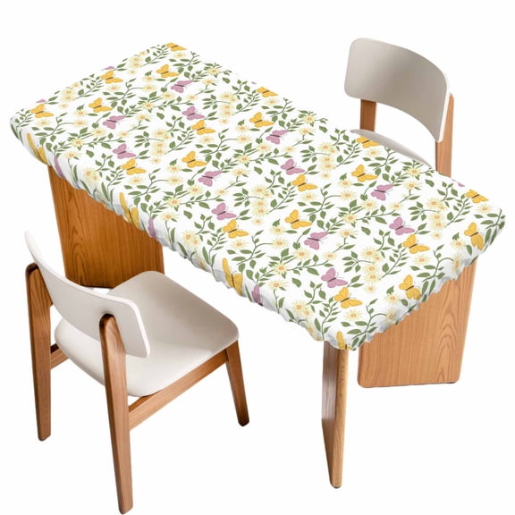 Easter Table Cloths for 4 Foot Rectangle Tables, Spring Floral Daisy Flowers Butterflies Watercolor Patio Waterproof Elastic Fitted Tablecloths, Washable Rectangular Table Cover for Camping