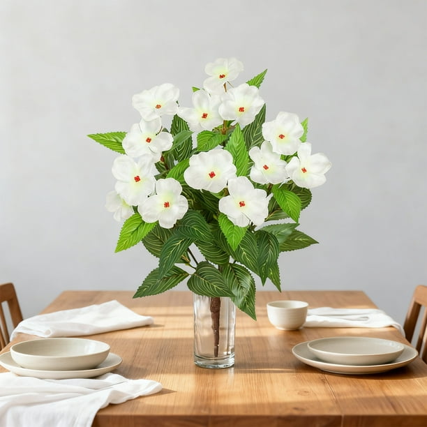 Flores Artificiales De Plástico Paquete De 1 Azalea Artificial De 37cm Con 5 Cabezas De Impatiens, De Plástico Blanco, Para Decoración De Exteriores, Porches, Jardines Y Paisajes Rkxzt