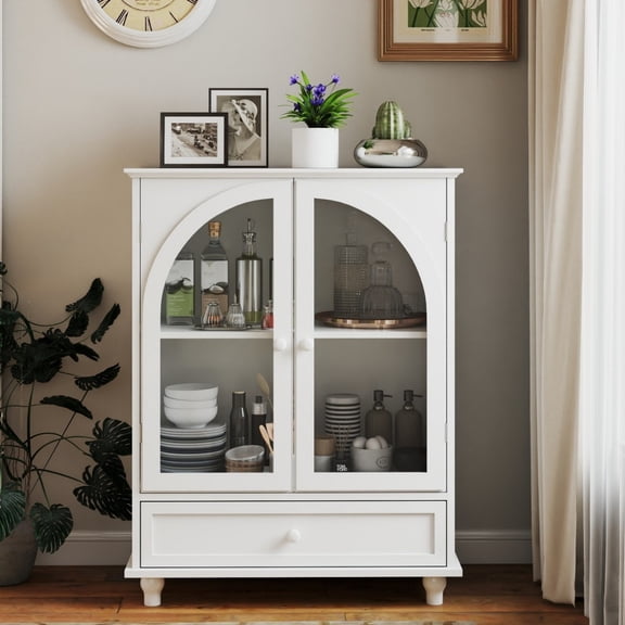 Arched Glass Door Sideboard Cabinet, Farmhouse Buffet Storage Cabinet with Drawer & Tiered Top, White Kitchen Pantry Cabinet for Living Room Coffee Bar, White