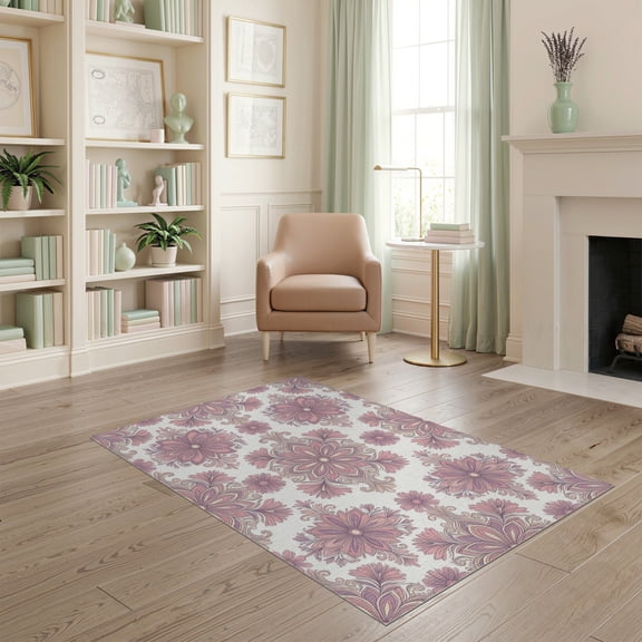 ODIKA Vintage Ditsy Field Scroll Distressed Border Botanical Pink Boho Refined Non-Slip Chair-Friendly for Home Office, Gaming Room, Under Desk