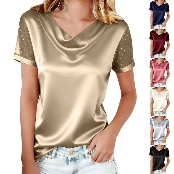 Paiwinds Women's Round Neck Short Sleeve Mesh Rhinestone Top Casual Solid Color Blouse Soft Polyester