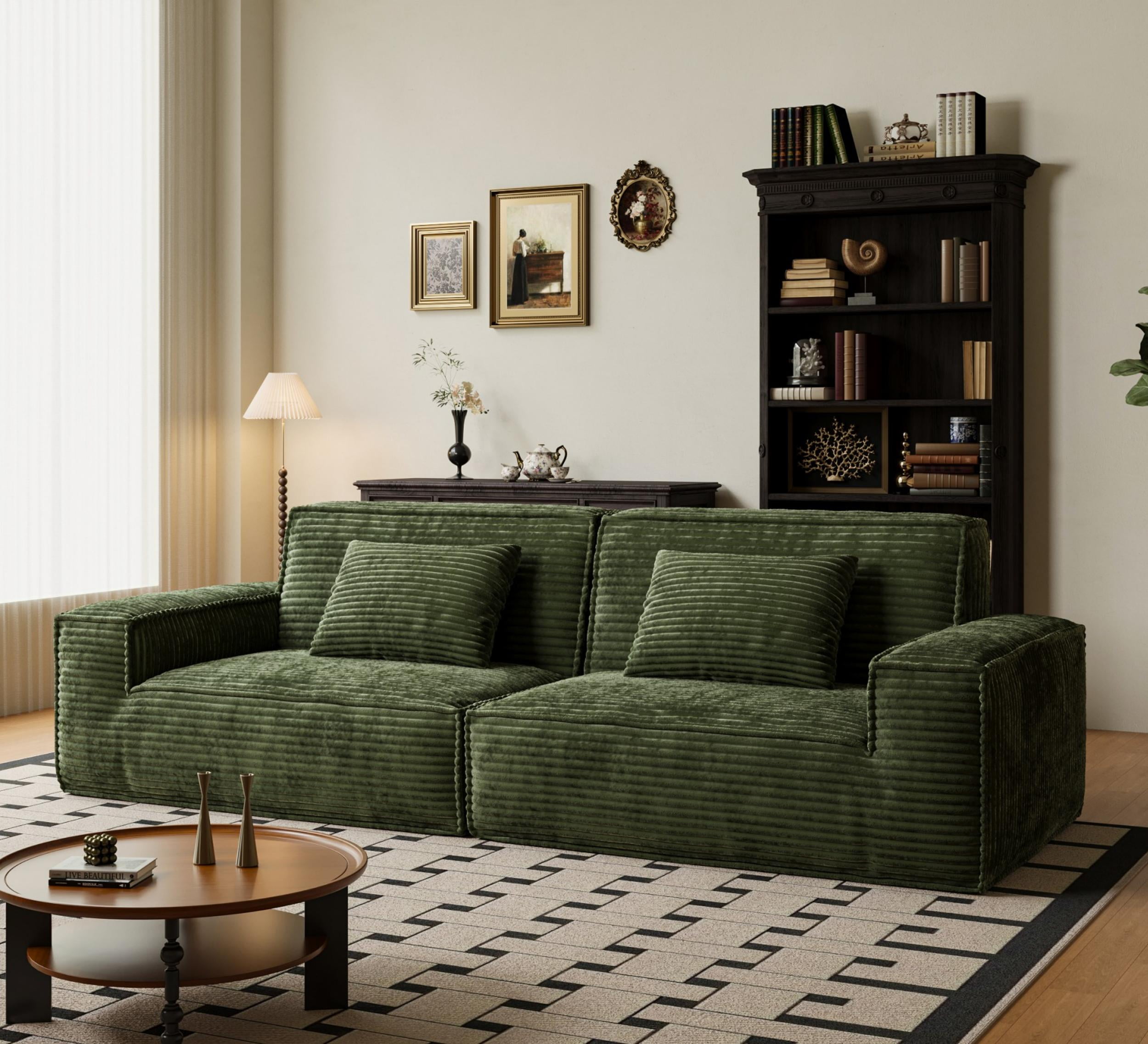 BSHTI No-Assembly Plush Compression Sofa Set, Ultra-Wide with Deeper Seat & Raised Back, Multi-Functional Large Striped Fabric Sofa for Living Room & Apartments, Green