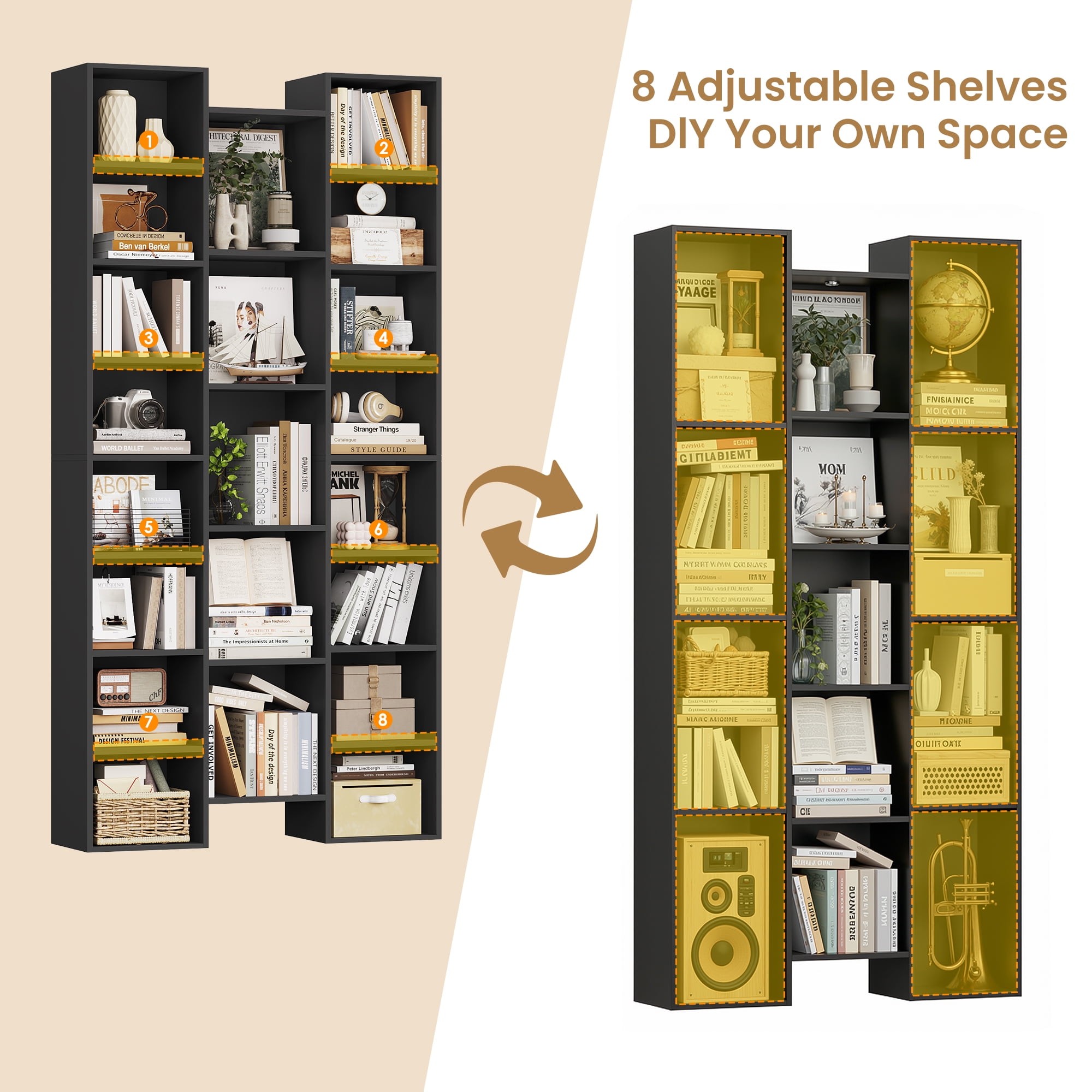 Homfa 21-Cube Bookcase and Bookshelves with Adjustable Shelves, 71.3'' Triple Width Open CD Display Storage Rack, Black
