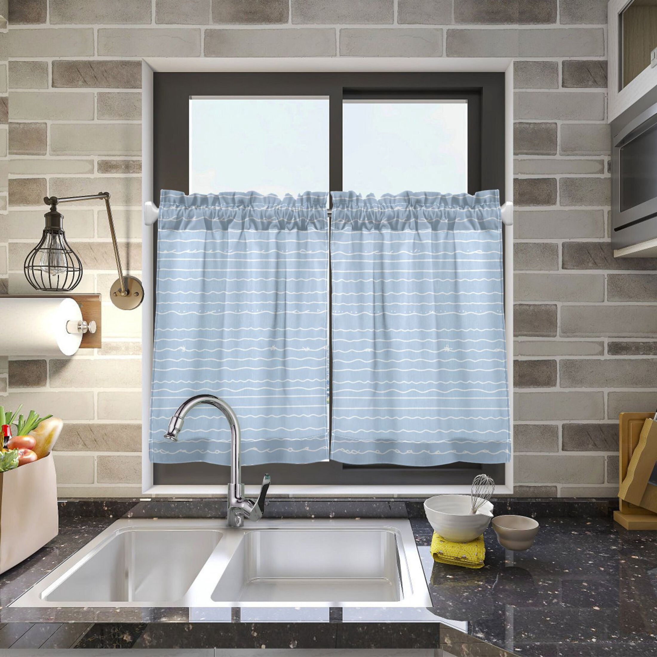 Wavy White Lines Pattern 27"x36" Linen Look Cafe Curtain Set with Privacy and UV Protection