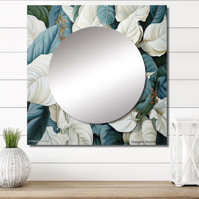 Designart "Liquid Art Charmed By White Leaves" Leaves Square Mirror For Wall Decor - Large White Square Printed Wall Mirror Art - Square Traditional Mirror - Wall Mounted Square Large Mirror