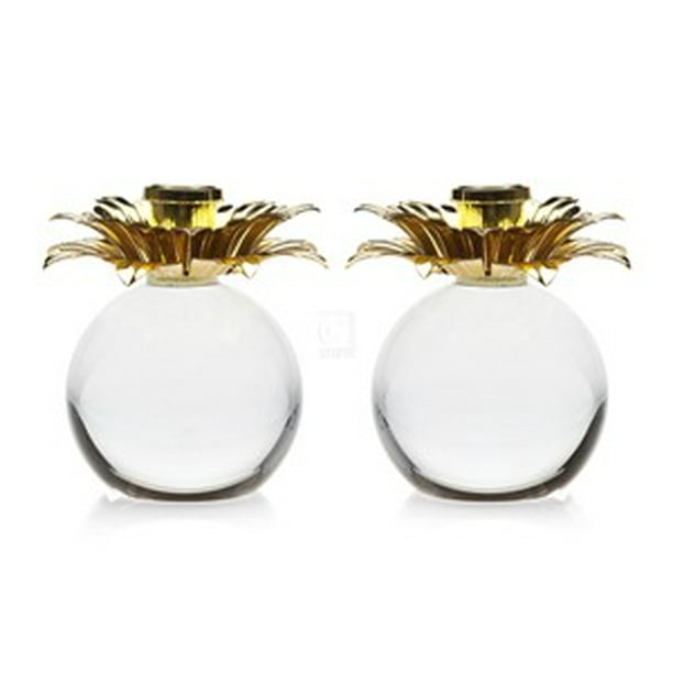 Pineapple Gold Accent NonLeaded Crystal Candle Holder Globes, Set of 2
