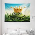 thumbnail image 1 of King Tapestry, Frog Prince on Moss Stone with Crown Fairytale Inspired Cartoon Image, Wall Hanging for Bedroom Living Room Dorm Decor, 80W X 60L Inches, Forest Green and Yellow, by Ambesonne, 1 of 2