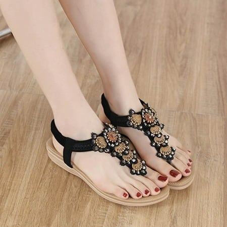

DAETIROS Girls Sandals- Flower Rhinestones Summer 0pen Toe Beach Bohemian Outdoor Womens Sandals Black Size 7.5