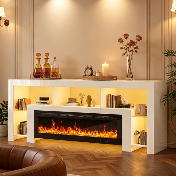 High-Gloss Fireplace TV Stand with Fireplace, Fits a 100" TV with 50" Built-In Electric Fireplace and LED Lights, White