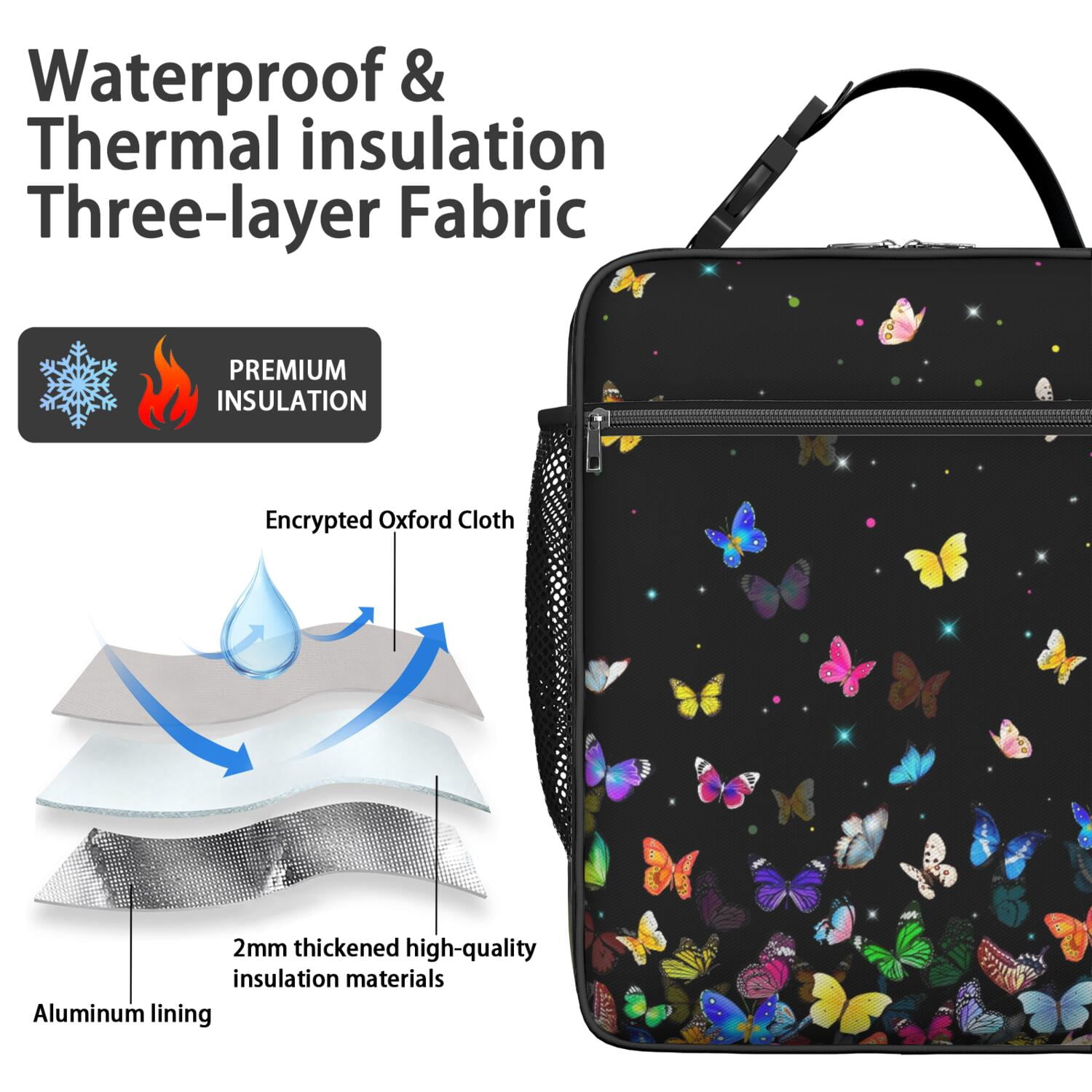 Artistic Butterfly Lunch Box Bag with Floral Pattern, Colorful Insulated Bento Tote for Women, Butterfly Lovers, School, Picnic, Work, Travel Use