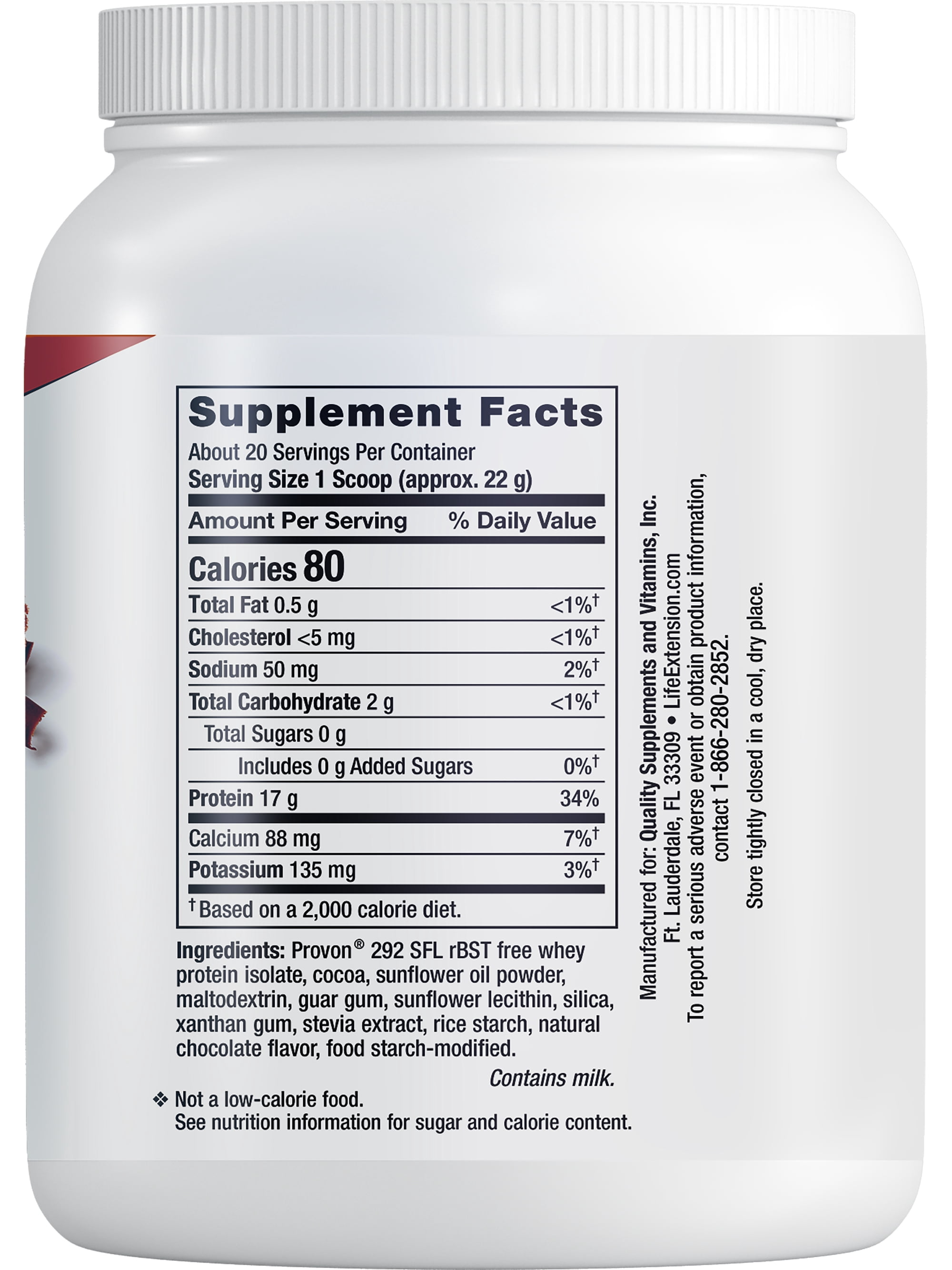 Life Extension Wellness Code® Whey Protein Isolate (Chocolate), protein and branched-chain amino acids for muscle growth & immune health, no sugar added, gluten free, non-GMO, 437 grams, 20 servings
