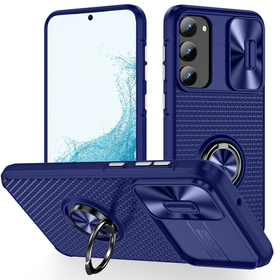 Rugged Case for Samsung Galaxy S23 6.1",Heavy Duty Hybrid Sliding Camera Lens Protection 360° Rotation Ring Holder Stand Function Anti-Slip Shockproof Case,Blue