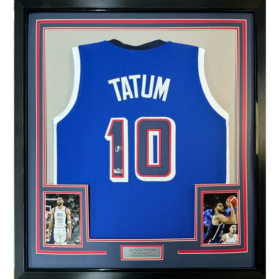 Framed Facsimile Autographed Jayson Tatum 35x39 2024 United States Team USA Blue Reprint Laser Auto Basketball Jersey