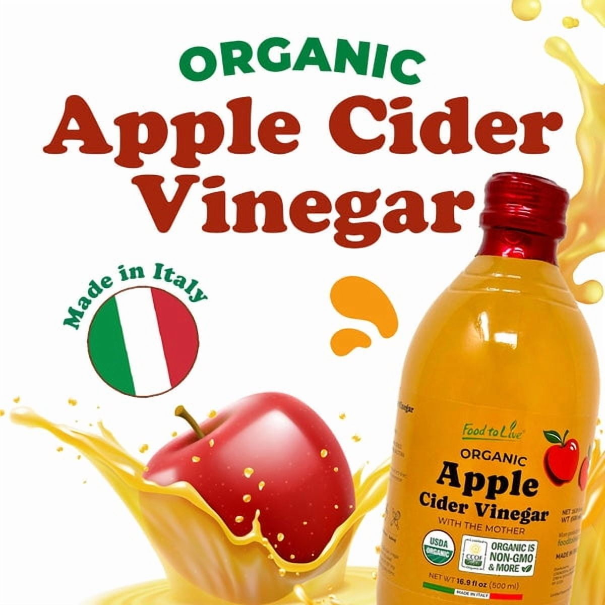Food To Live Organic Apple Cider Vinegar, 500 ml – Raw Italian Natural Vinegar with the Mother, Unfiltered, Unpasteurized, Non-GMO, Vegan, Bulk, Glass Bottle (Pack of 6)