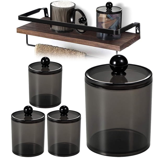 Nvzi Organizador de baño, soporte de boticario, bote de almacenamiento, frascos de baño de vidrio transparente, soporte para bolas de algodón, negro, 4 piezas