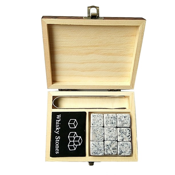 Juego de piedras de whisky de 9 piezas, caja de madera de piedras escalofriantes Irfora Gris