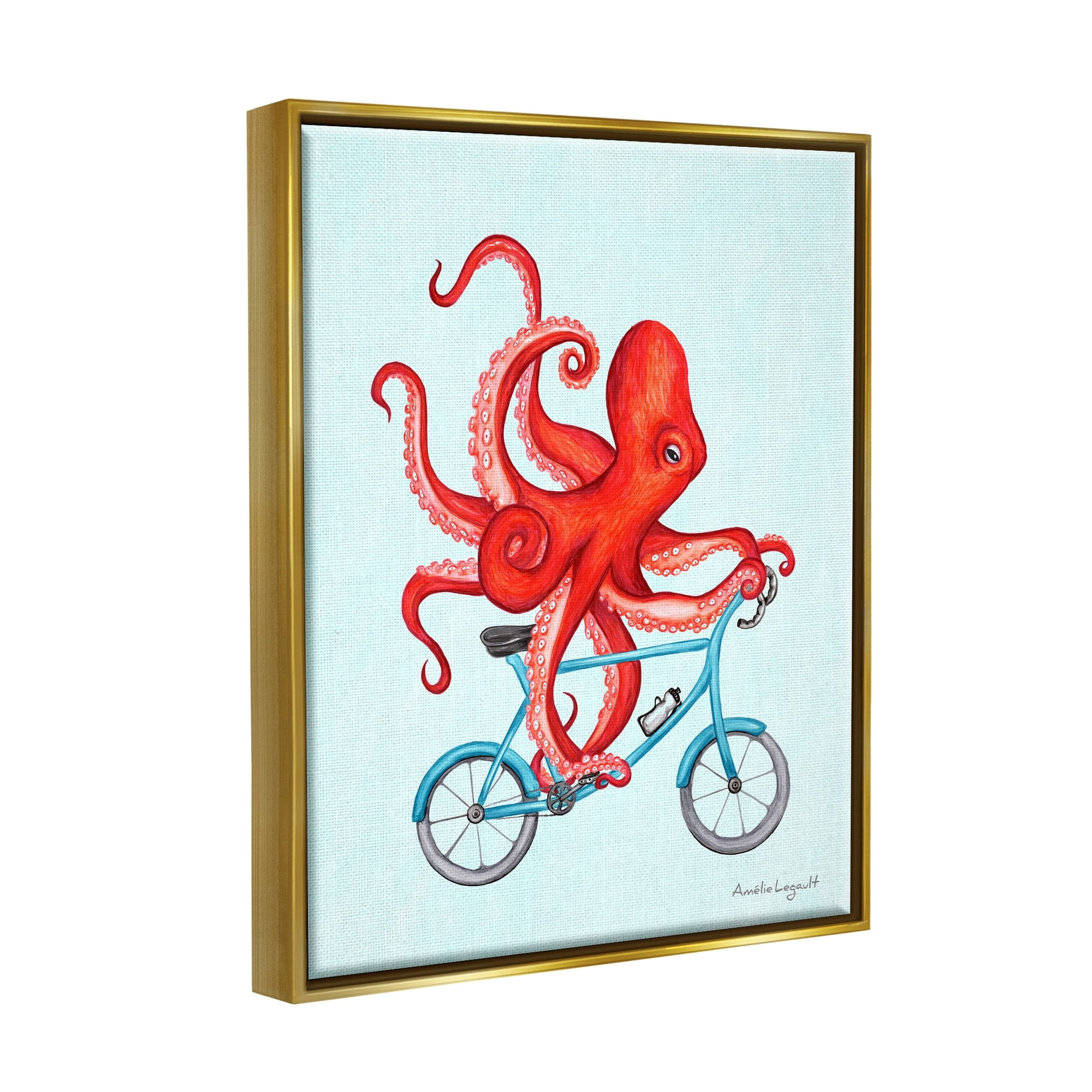 Stupell Industries Red Octopus Tentacles Riding Blue Bike Bicycle Graphic Art Metallic Gold Floating Framed Canvas Print Wall Art, Design by Amelie Legault