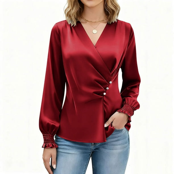 Ounisa Womens Business Casual Blouses Dressy Work Tops Fall Fashion 2025 V Neck Pleated Long Sleeve Shirts