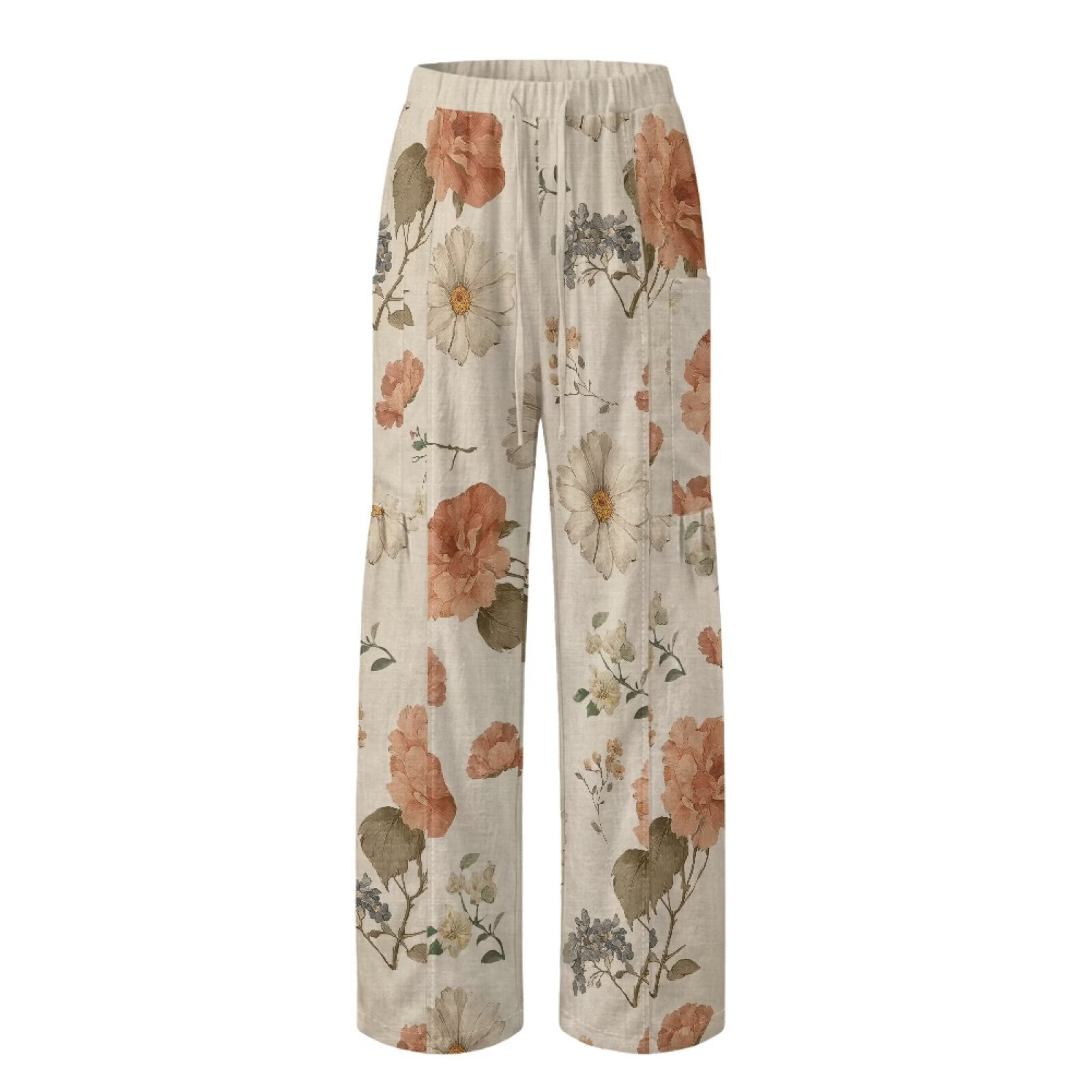 Yuyamidu Chinese Aesthetic Floral Linen Straight Leg Pants for Women Petite Cotton Casual Pants Comfy Straight Leg Travel Trousers Chinese Print Outfits, Size 5XL