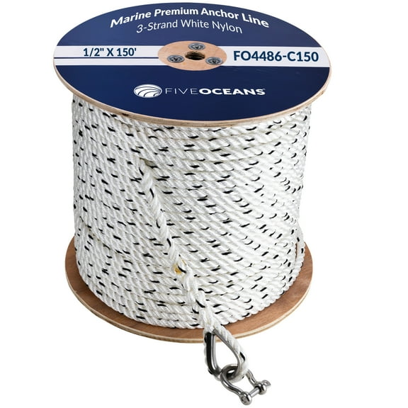 Five Oceans Anchor Line 1/2 inch x 150 ft - Anchor Rope Line - Marine Premium 3-Strand White Nylon - Stainless Steel Thimble and Schakle - Ideal for Mooring Anchoring Towing - FO4486-C150