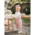 thumbnail image 5 of BemeyourBBs 3Pcs Baby Girls First Birthday Outfit 1st Birthday One Years Old Clothes Long Sleeve Crew Neck Letters Embroidery Romper Plaid Wide Legs Belt Pants and Headband Set, 5 of 9