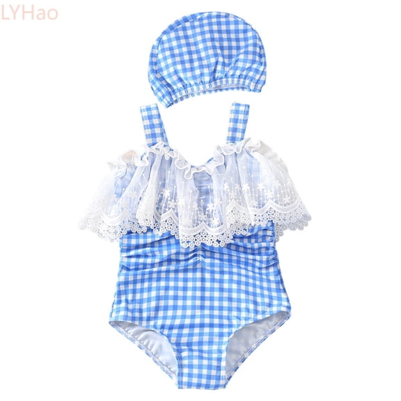 LYHao Toddler Kids Baby Girls Swimsuit Plaid Pattern With Embroidery And Lace Trim Swimwear Bathing Suit,One-Piece Swimwear 18-24 Months Blue