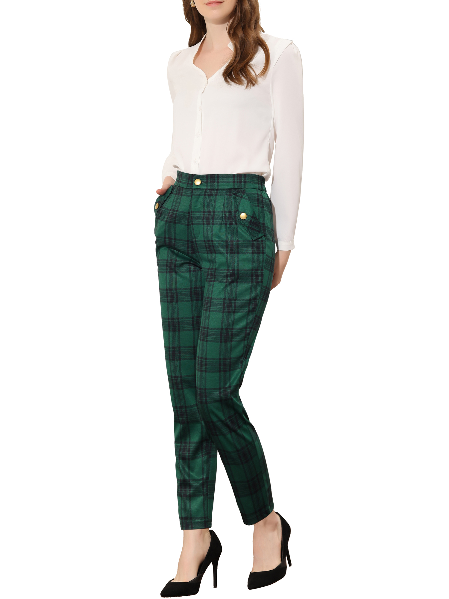 DARING DIVA Women's Tartan Plaid Pants Elastic Waist Straight Trousers L Green