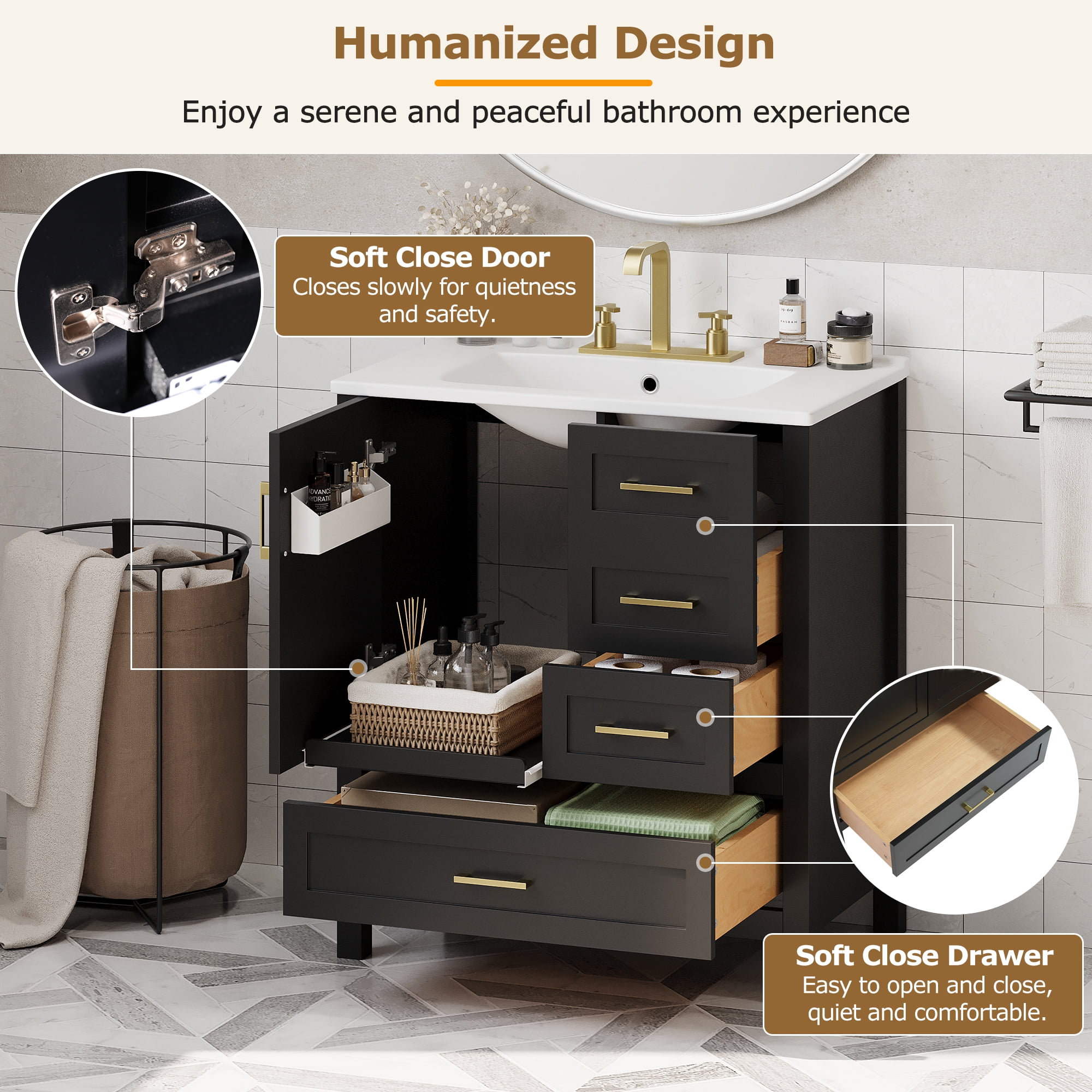 Euroco 30" Black Bathroom Vanity with Sink Combination Set, Bathroom Storage Cabinet with Soft Close Door, 3 Soft Close Drawers and Removable Tray, Solid Wood Frame