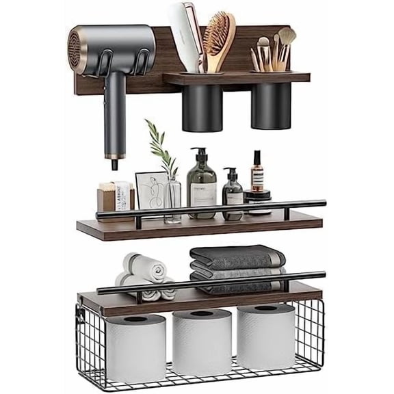 Bathroom Floating Shelves with Hair Dryer Holder - Wall Mounted Wood Wall Shelf with Blow Dryer Storage Over The Toilet - Set of 3 Rustic Brown Farmhouse Decor$$