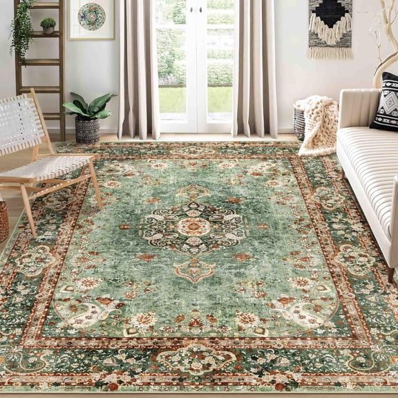 Brythos Green Boho Vintage Area Rug 8x10 ft, Washable Distressed Oriental Design Carpet, Non-Slip Large Rug for Living Room Bedroom Dining Room
