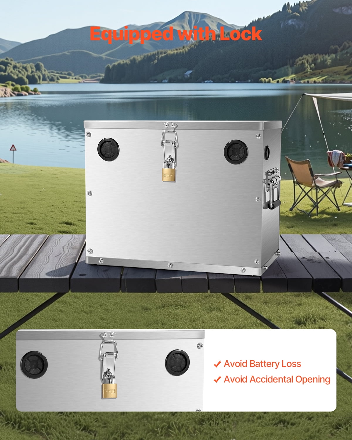 VEVOR Battery Box, Group 24/31 Trolling Motor Battery Box, Marine Batteries Case with Lock, Handles and Rubber-Grommet Cable Holes, Stainless Steel Shell, Suitable for Cars, Boats & Trolling Motors
