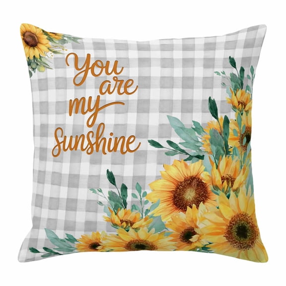 Throw Pillow Covers 16 x 16 Inch, Sunflower Cotton Linen Pillows Cases, Summer Botanical Checkered Yellow Floral Square Cushion Covers for Couch Sofa Bed