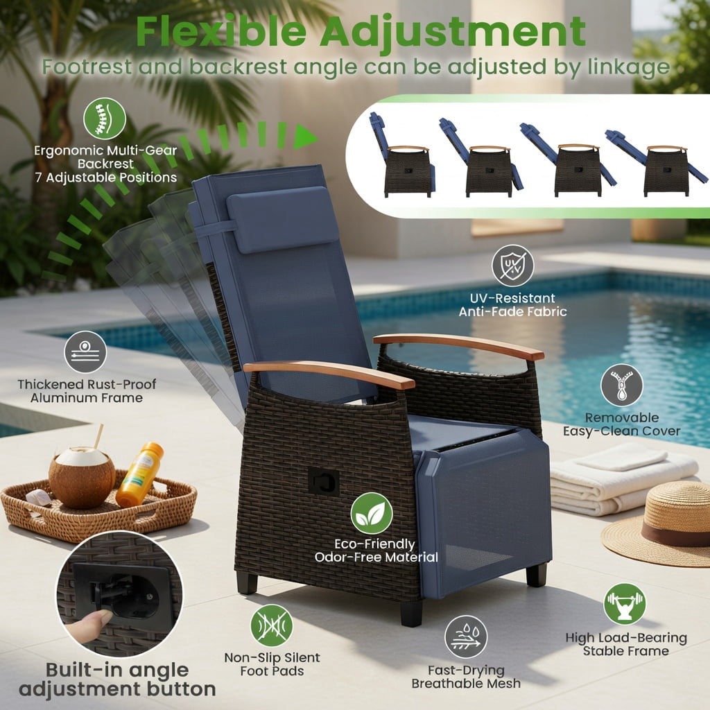 Hommoo Adjustable Wicker Recliner Chair with Footrest & Removable Cushions, PE Rattan Patio Seating for Backyard, Porch & Balcony, Navy