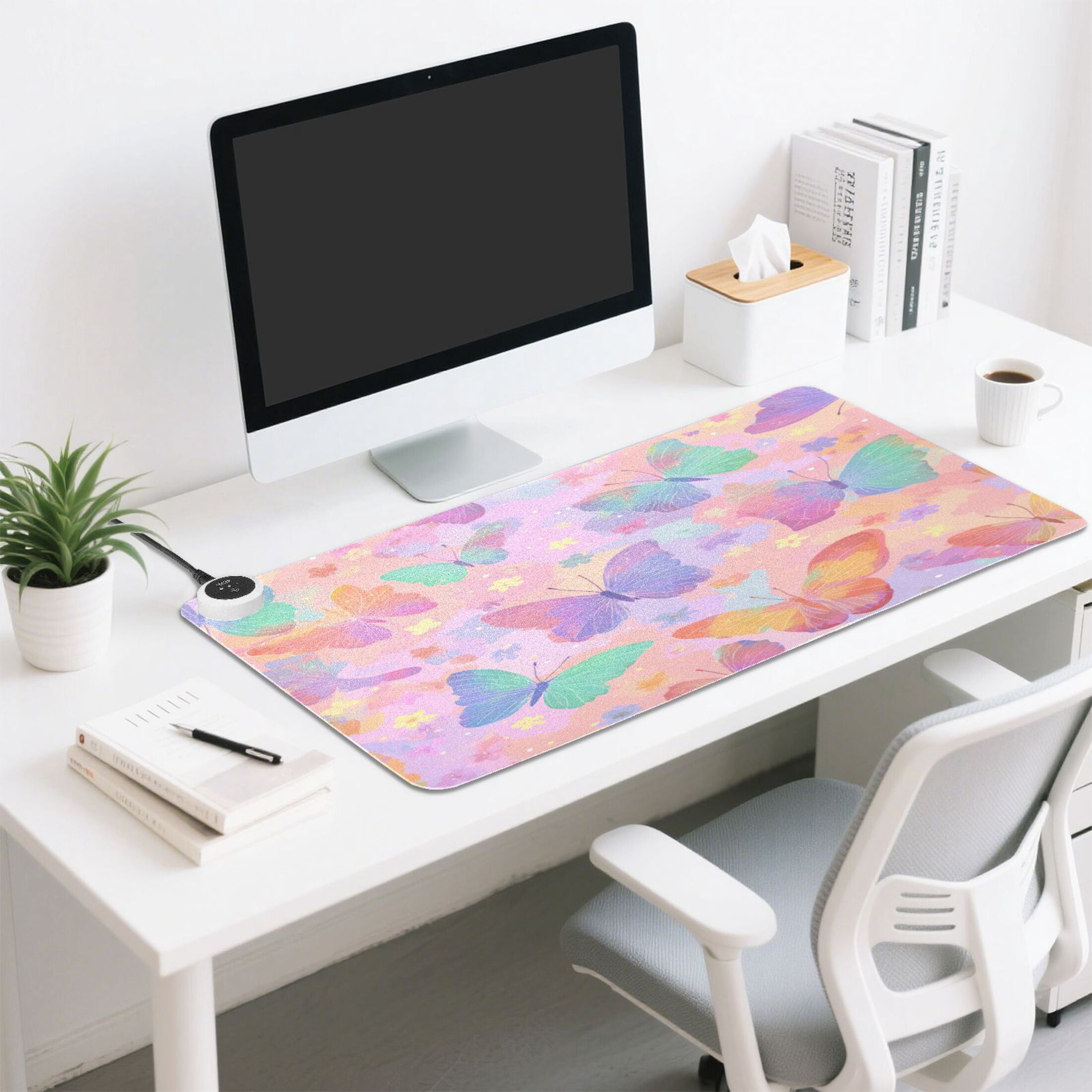 Large Heated Desk Mat Mouse Pad 31.5"x13"PU Leather Graphene Heating Desk Warmer with 3 Temperature Settings 110V US Plug Non-Slip Warm Pad for Home, Office, and Gaming Peach Pastel Butterfly Flutter