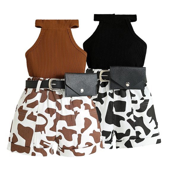 LYMAYTER 12M-6Y Toddler Baby Girls Summer Sleeveless Knit Tank Tops Shorts belt Bag Set 3PCS Sleeveless Halter Ribbed Tops Elastic Shorts Waist Bag