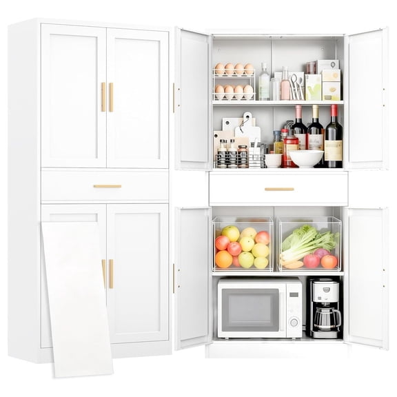 71 in Metal Pantry Cabinet with Drawer, Tall Storage Cupboard with 2 Adjustable Shelves and 4 Doors, White Heavy Duty Freestanding Floor Cabinet for Kitchen, Dining, Living, Office